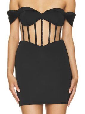 RtA Evie Black Mesh Boned Corset Off The Shoulder Mini Dress Size Large